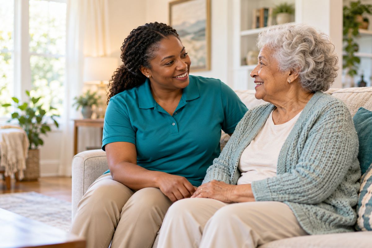 A caregiver and an older woman talking together on the sofa at home