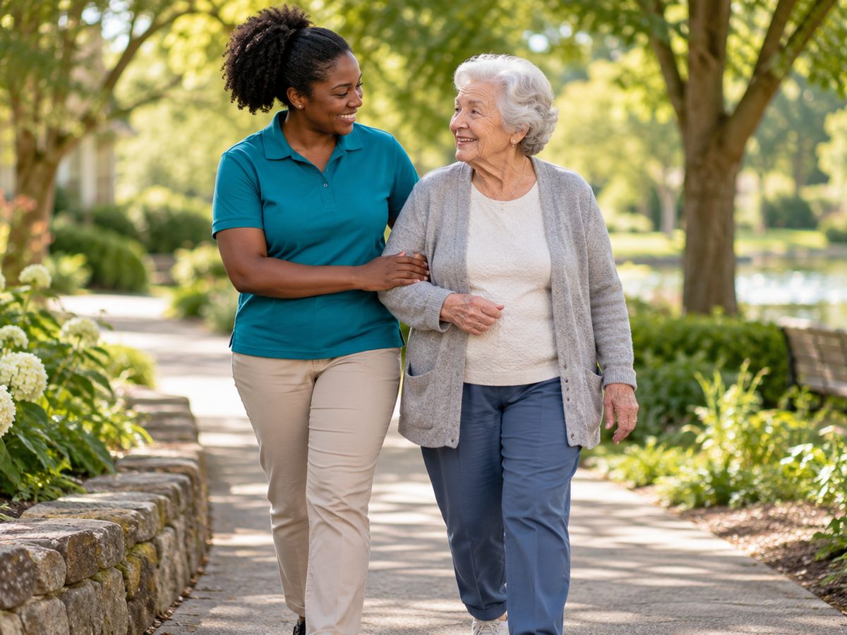 A caregiver walking arm in arm with an older woman in a park