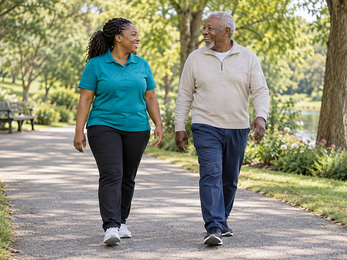 A caregiver and an older man walking and talking in a park