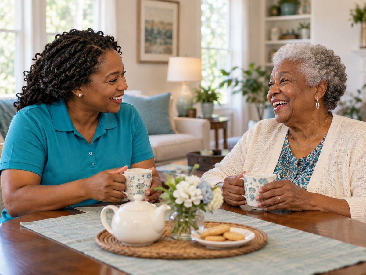 A caregiver and an older woman laughing together over tea at home