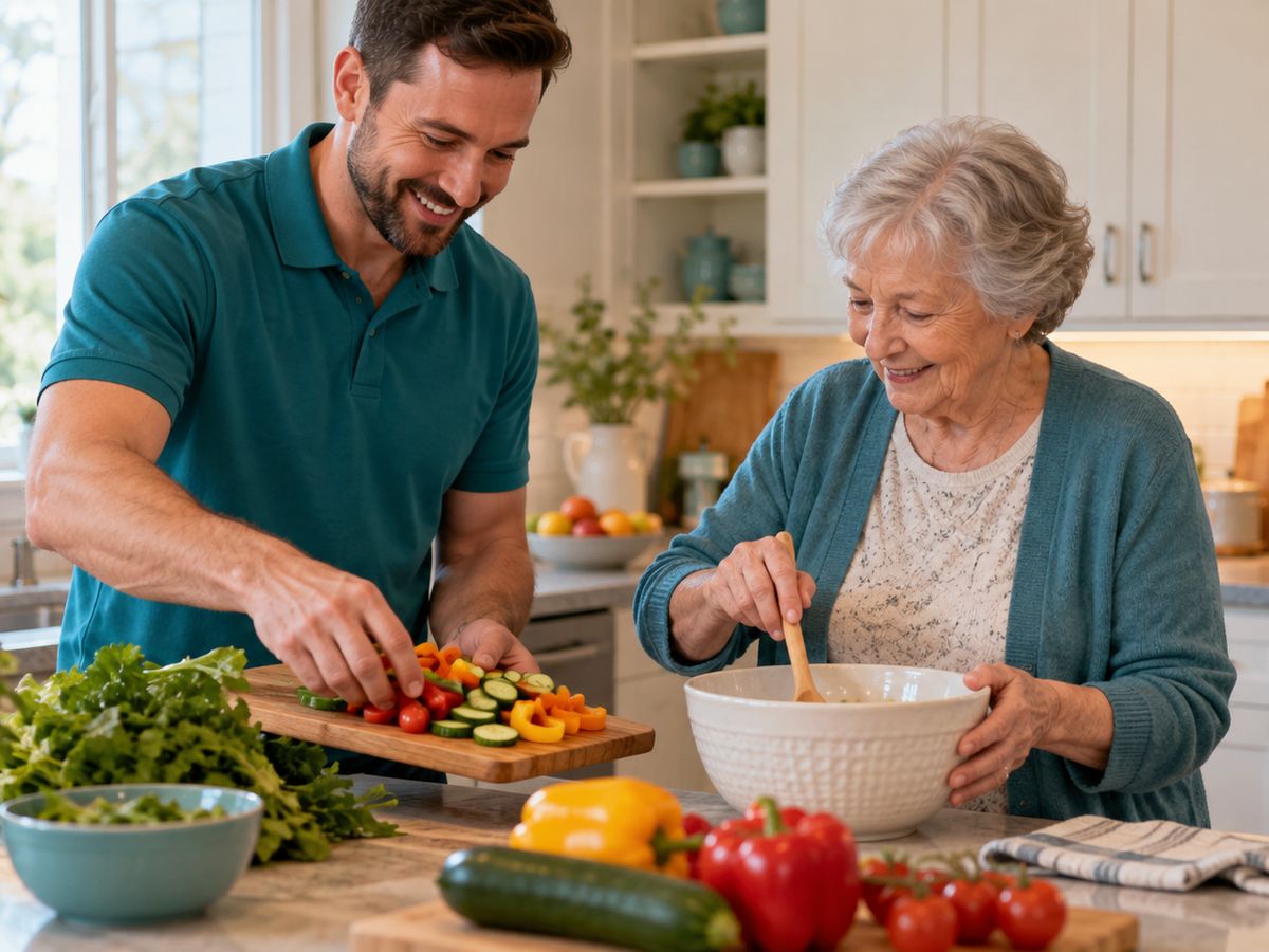A caregiver and an older woman preparing vegetables together in her kitchen