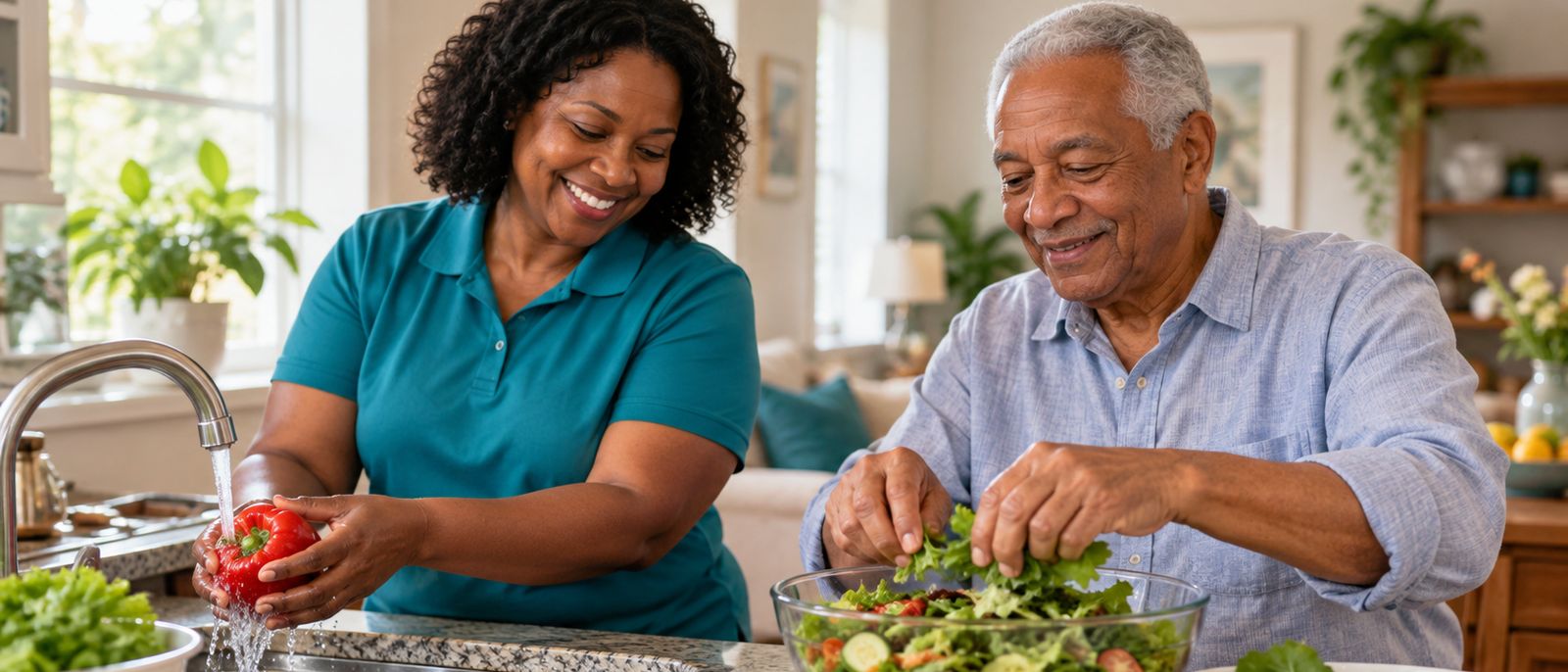 A caregiver and an older man preparing a salad together in his kitchen